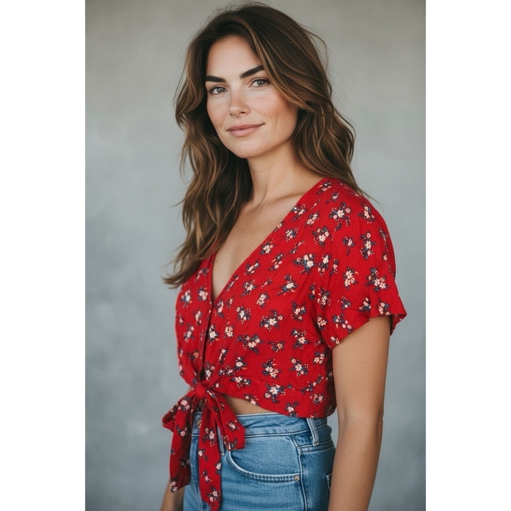 American Eagle Womens Crop Top Medium Red Floral Tie Front Boho Summer